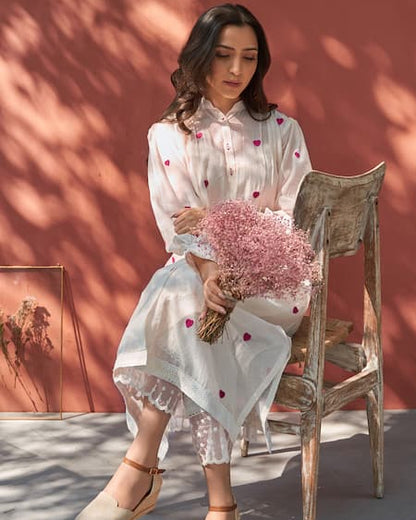WHITE WITH RED HEART EMBROIDERY KURTA SET