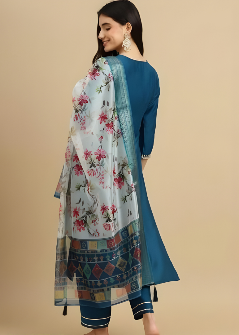 Teal Blue Embroidered Kurta Set