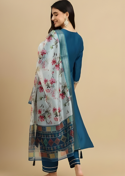 Teal Blue Embroidered Kurta Set