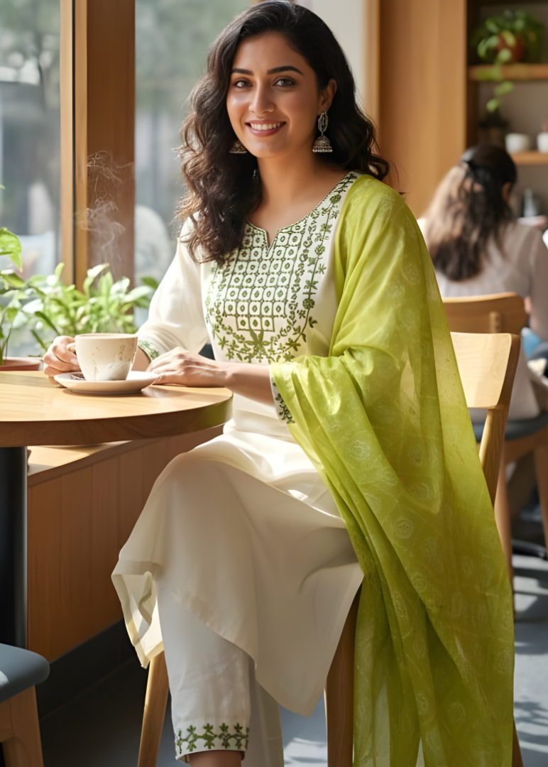 Cream Floral Embroidered Kurta Set