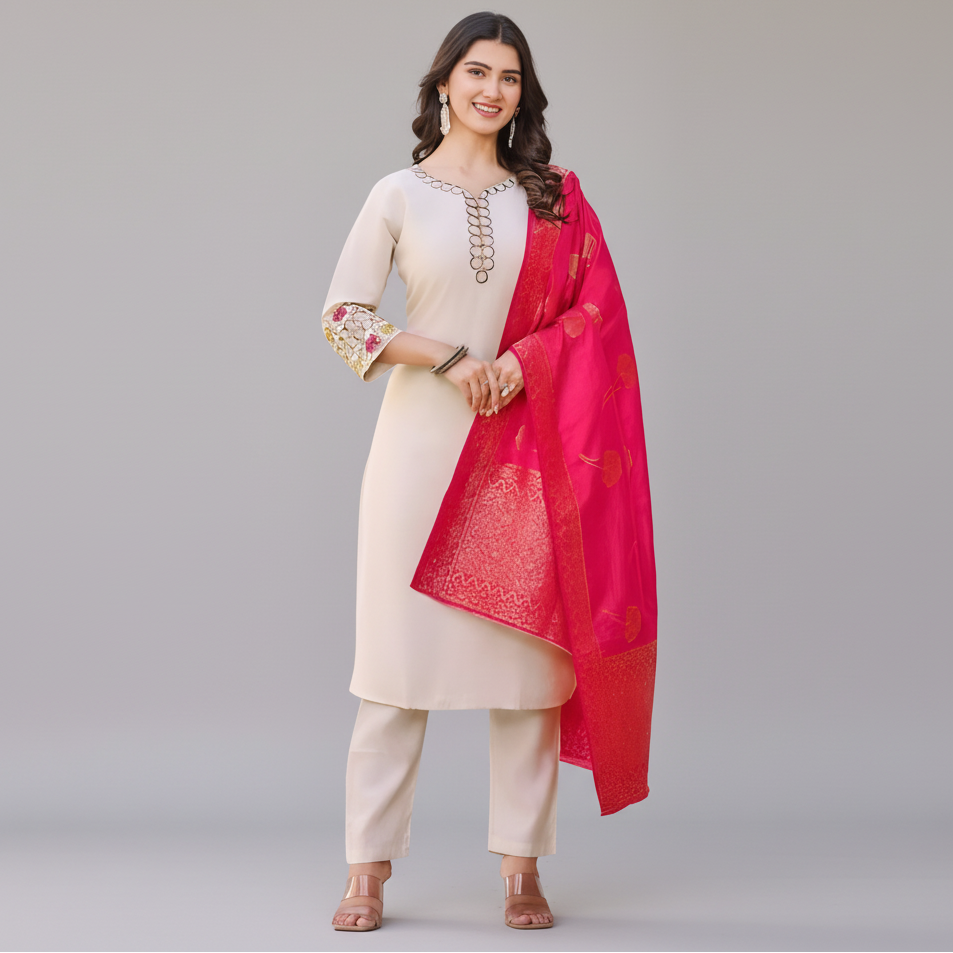 Regal Ivory Rosette Jacquard Kurta Set