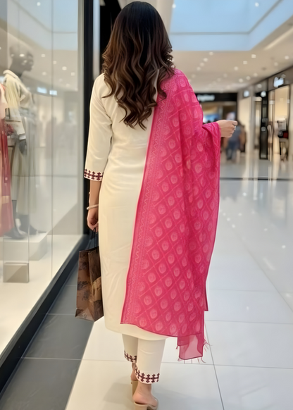 Ivory Floral Embroidered Kurta Set