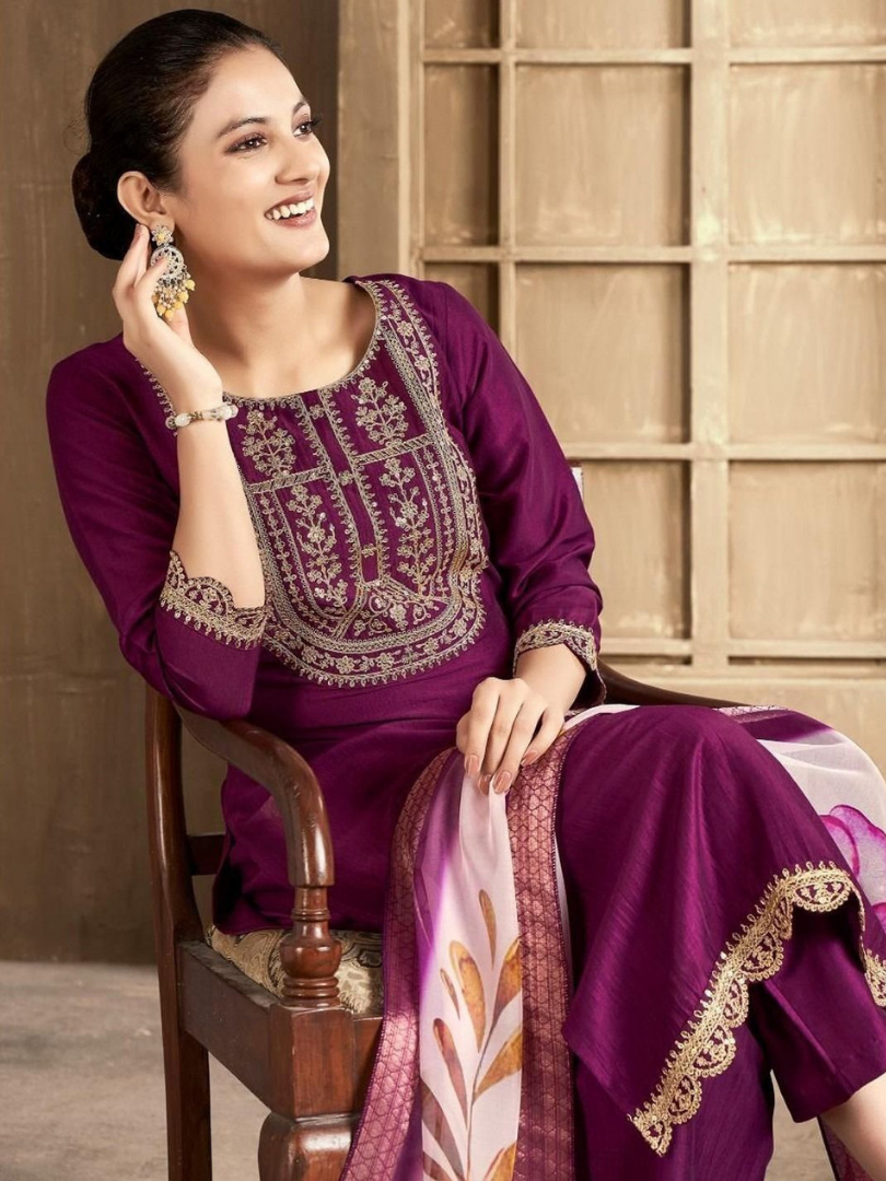 Regal Wine Bloom Embroidered Chanderi Kurta Set