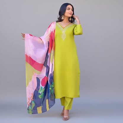 LEMON YELLOW RAYON EMBROIDERED KURTA PANT DUPATTA