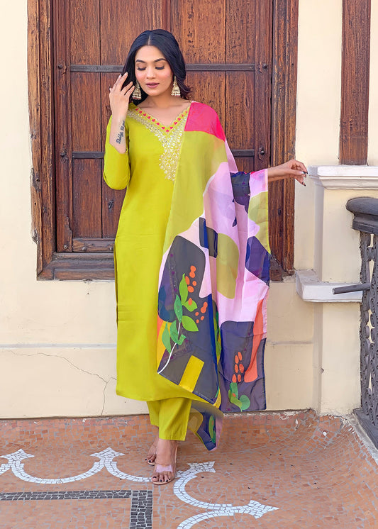LEMON YELLOW RAYON EMBROIDERED KURTA PANT DUPATTA