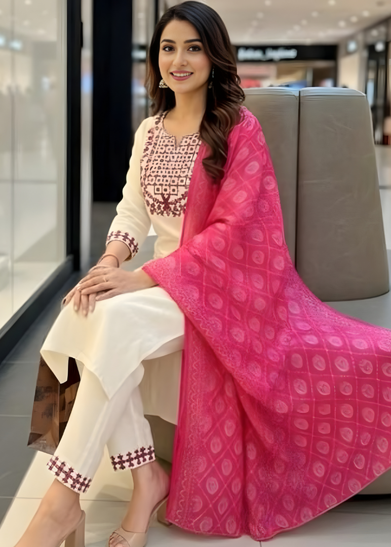 Ivory Floral Embroidered Kurta Set
