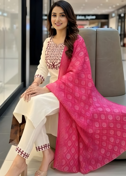 Ivory Floral Embroidered Kurta Set