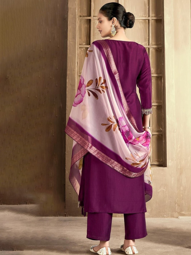 Regal Wine Bloom Embroidered Chanderi Kurta Set