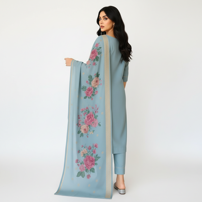 Celestial Bloom Magic Cotton Kurta Set – Misty Aqua Elegance