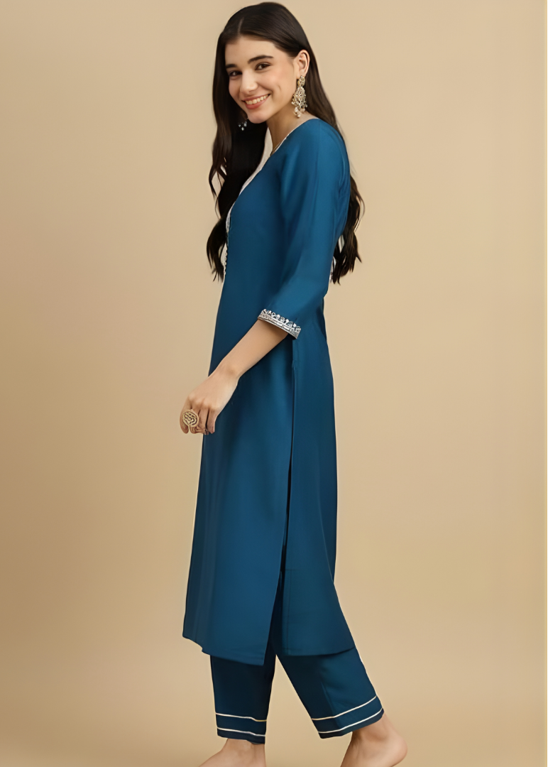 Teal Blue Embroidered Kurta Set