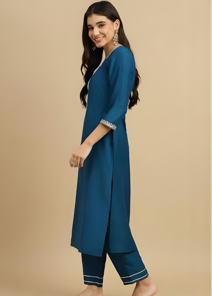 Teal Blue Embroidered Kurta Set