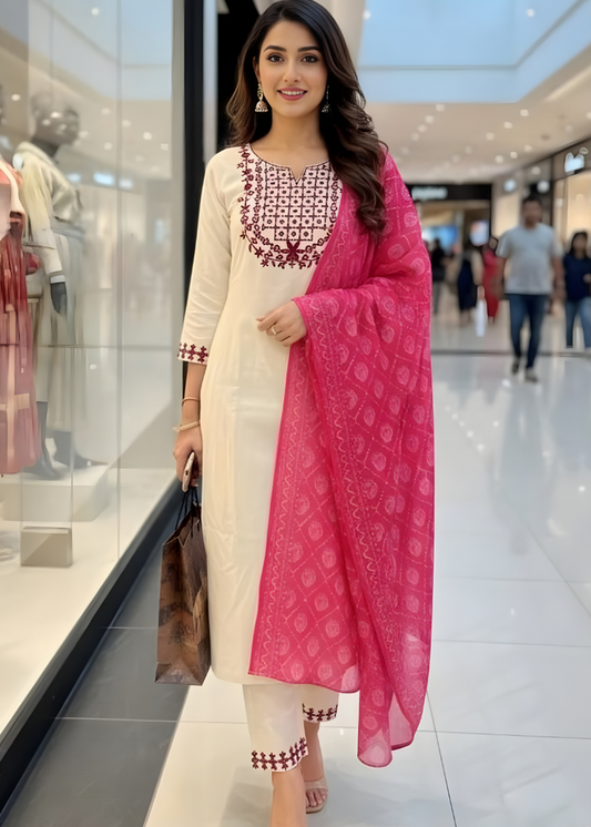 Ivory Floral Embroidered Kurta Set
