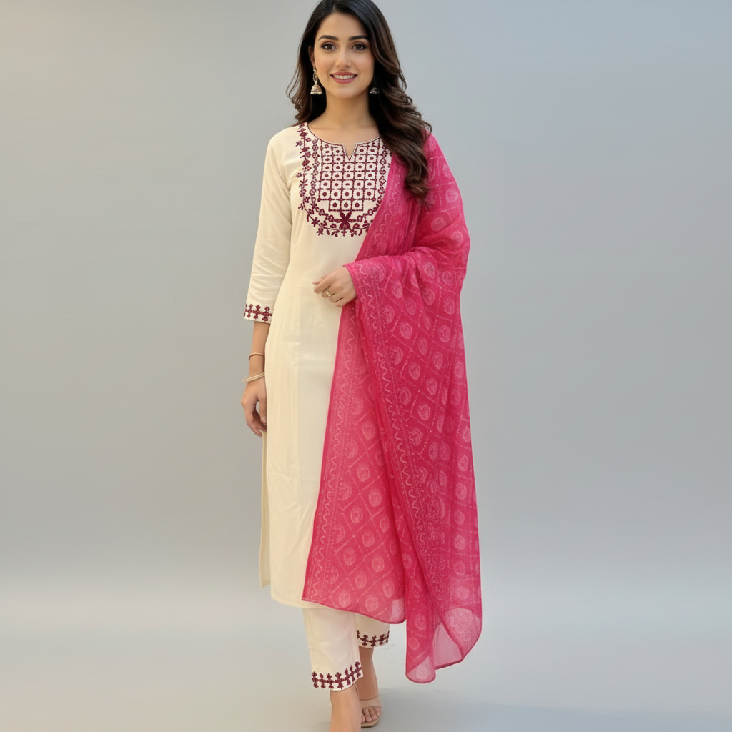Ivory Floral Embroidered Kurta Set