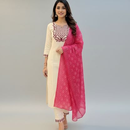 Ivory Floral Embroidered Kurta Set