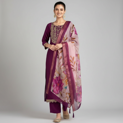 Regal Wine Bloom Embroidered Chanderi Kurta Set