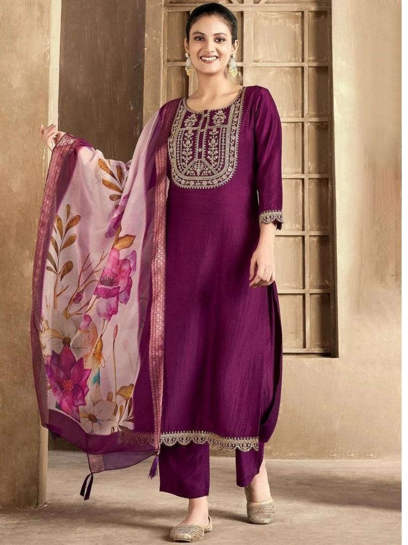 Regal Wine Bloom Embroidered Chanderi Kurta Set