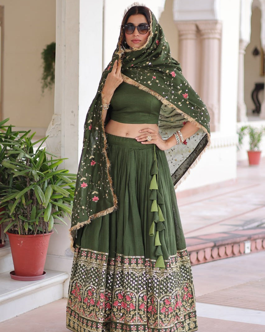 Emerald Grandeur Embroidered Vichitra Silk Lehenga Choli Set