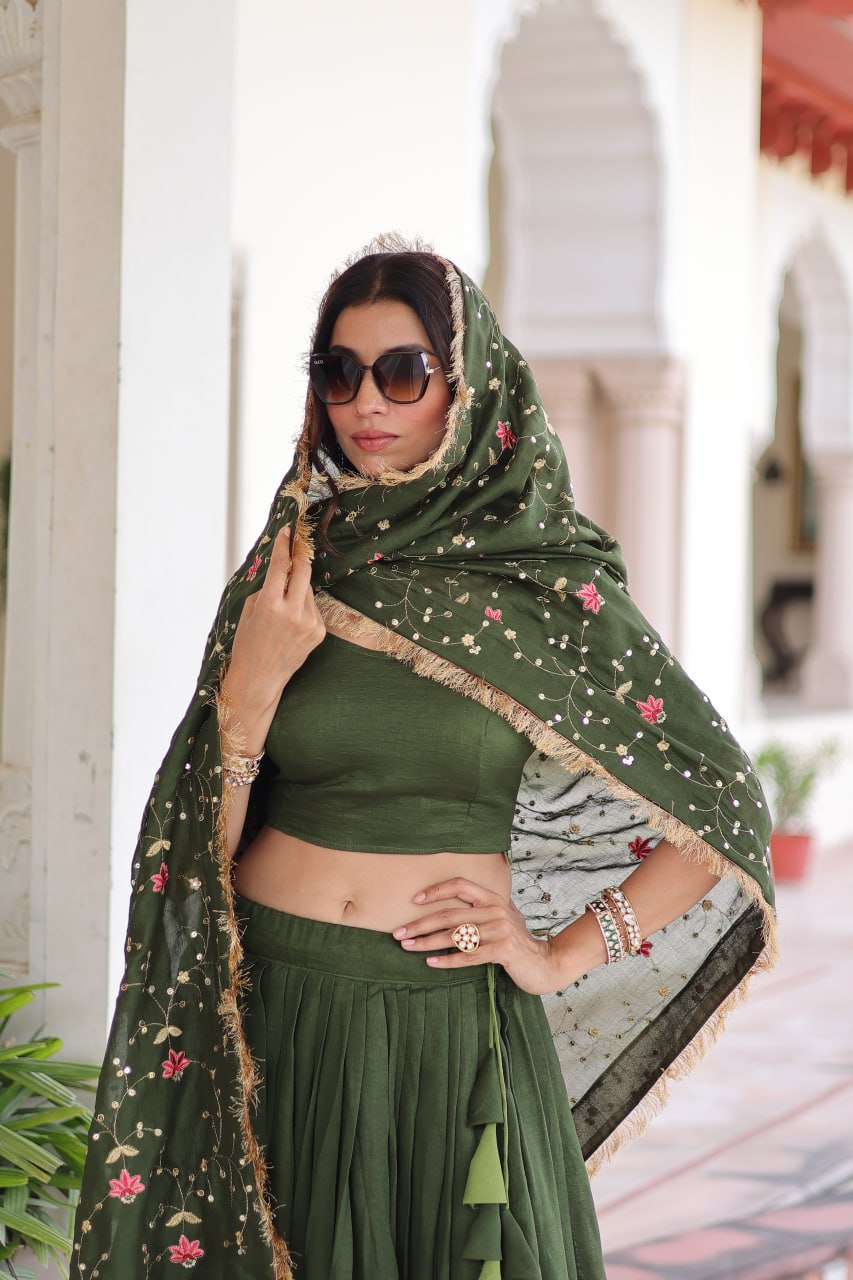 Emerald Grandeur Embroidered Vichitra Silk Lehenga Choli Set