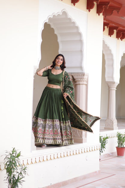 Emerald Grandeur Embroidered Vichitra Silk Lehenga Choli Set