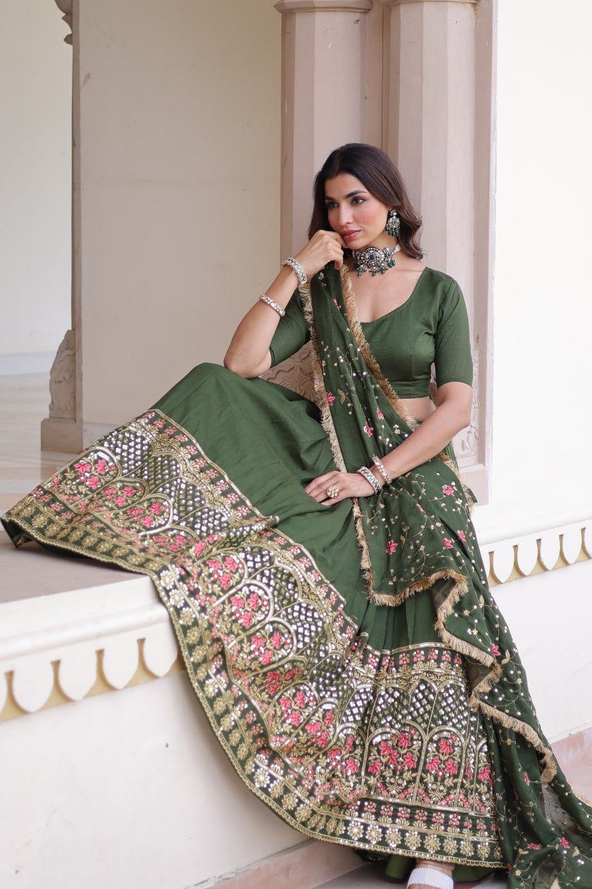 Emerald Grandeur Embroidered Vichitra Silk Lehenga Choli Set