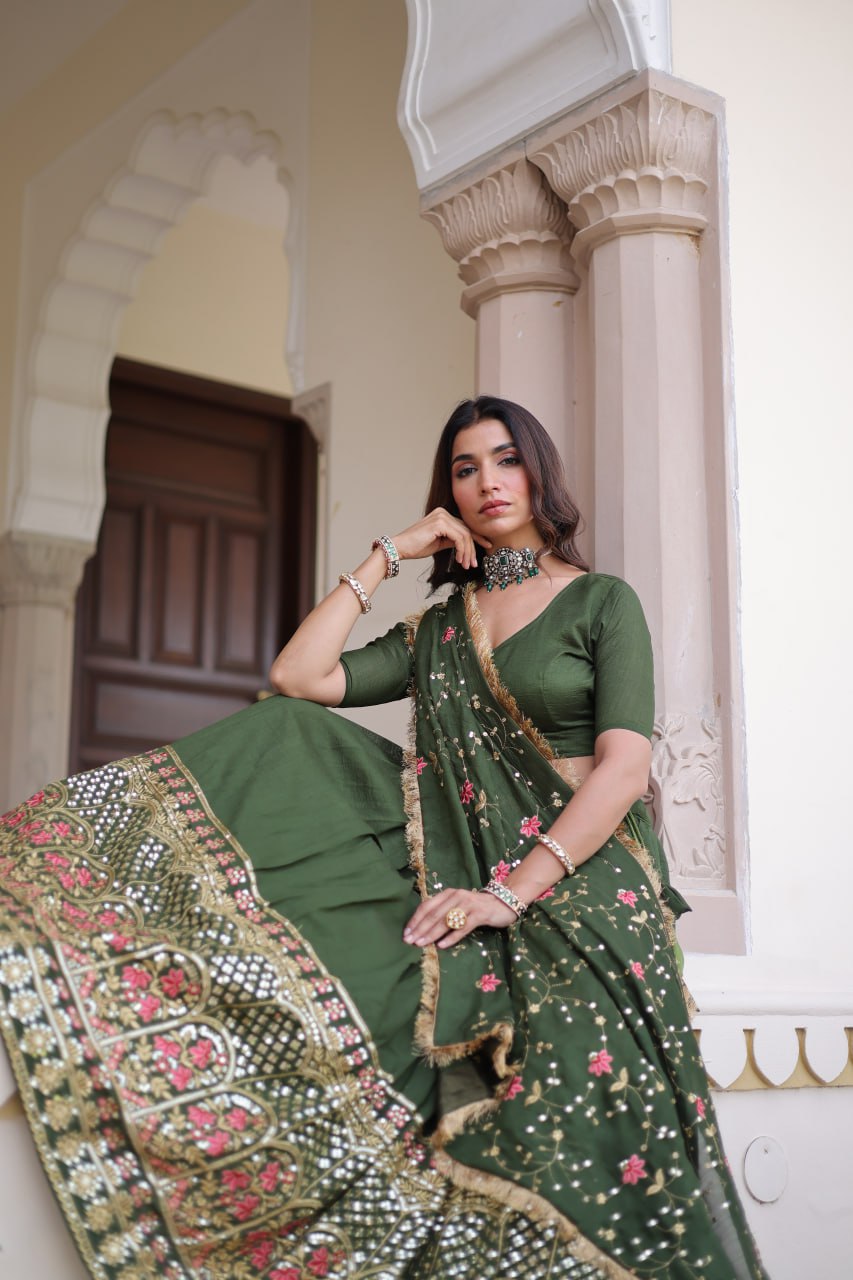 Emerald Grandeur Embroidered Vichitra Silk Lehenga Choli Set