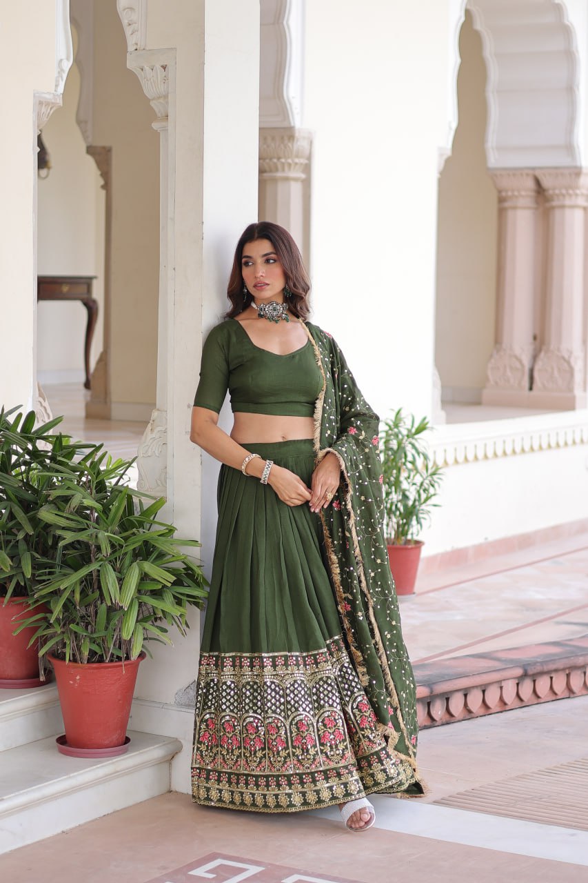 Emerald Grandeur Embroidered Vichitra Silk Lehenga Choli Set
