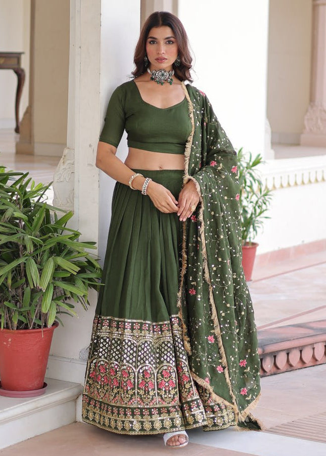 Emerald Grandeur Embroidered Vichitra Silk Lehenga Choli Set