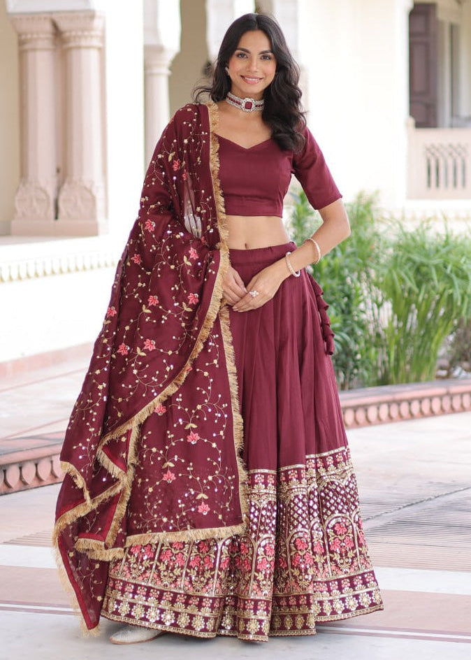 Royal Maroon Vichitra Silk Sequins Embroidered Lehenga Choli Set