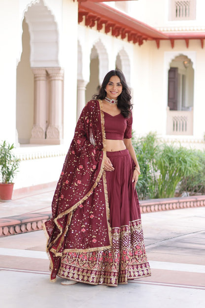 Royal Maroon Vichitra Silk Sequins Embroidered Lehenga Choli Set