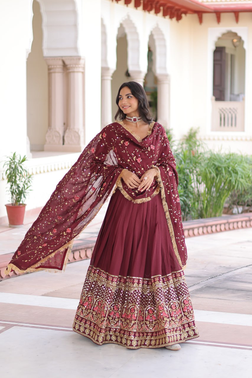 Royal Maroon Vichitra Silk Sequins Embroidered Lehenga Choli Set
