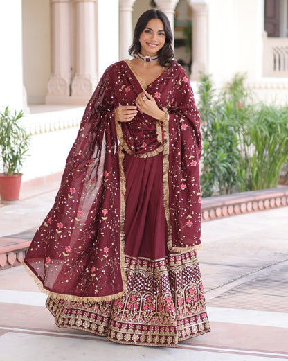 Royal Maroon Vichitra Silk Sequins Embroidered Lehenga Choli Set