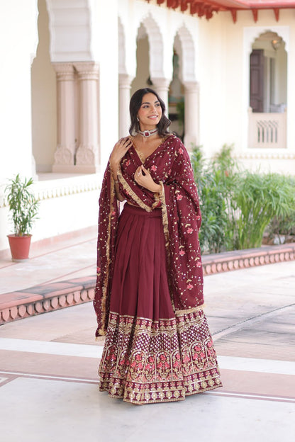 Royal Maroon Vichitra Silk Sequins Embroidered Lehenga Choli Set