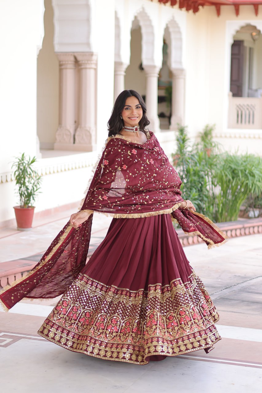 Royal Maroon Vichitra Silk Sequins Embroidered Lehenga Choli Set