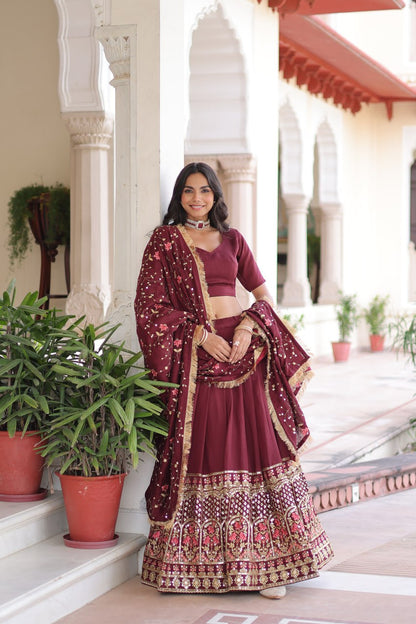 Royal Maroon Vichitra Silk Sequins Embroidered Lehenga Choli Set
