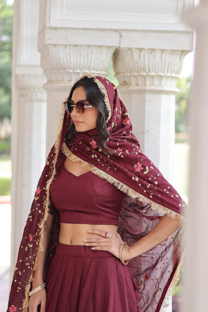 Royal Maroon Vichitra Silk Sequins Embroidered Lehenga Choli Set