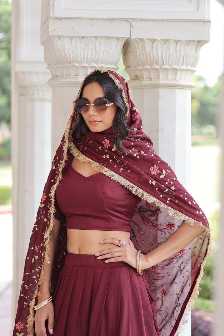 Royal Maroon Vichitra Silk Sequins Embroidered Lehenga Choli Set