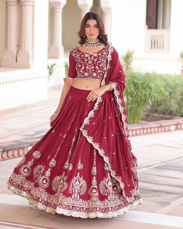 Regal Maroon Vichitra Silk Embroidered Lehenga Choli Set