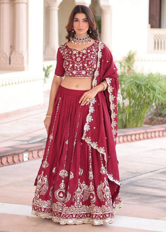 Regal Maroon Vichitra Silk Embroidered Lehenga Choli Set