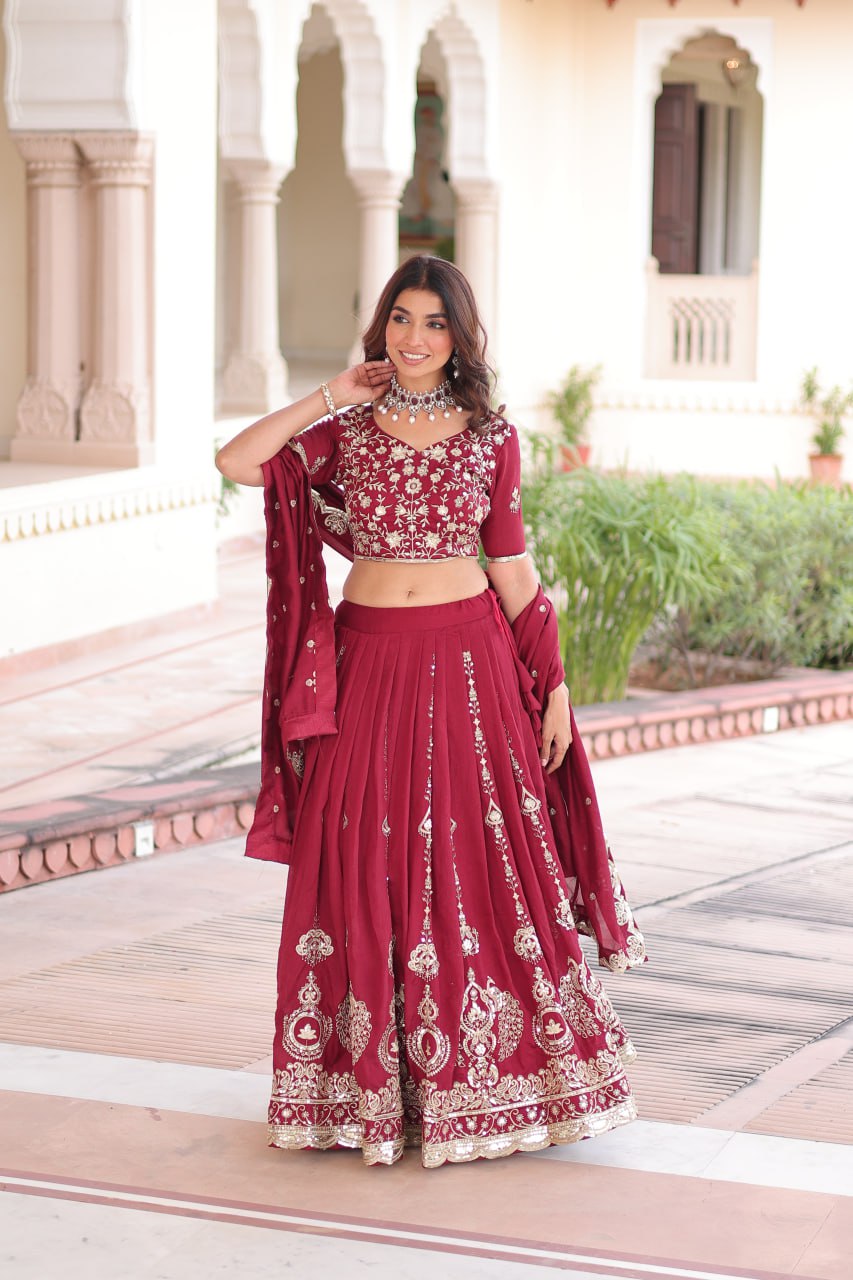 Regal Maroon Vichitra Silk Embroidered Lehenga Choli Set