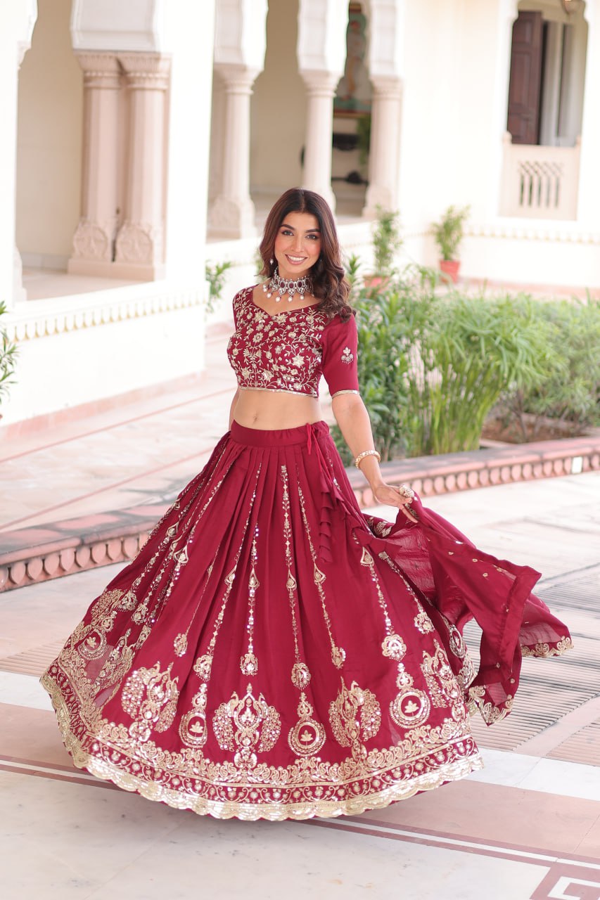 Regal Maroon Vichitra Silk Embroidered Lehenga Choli Set