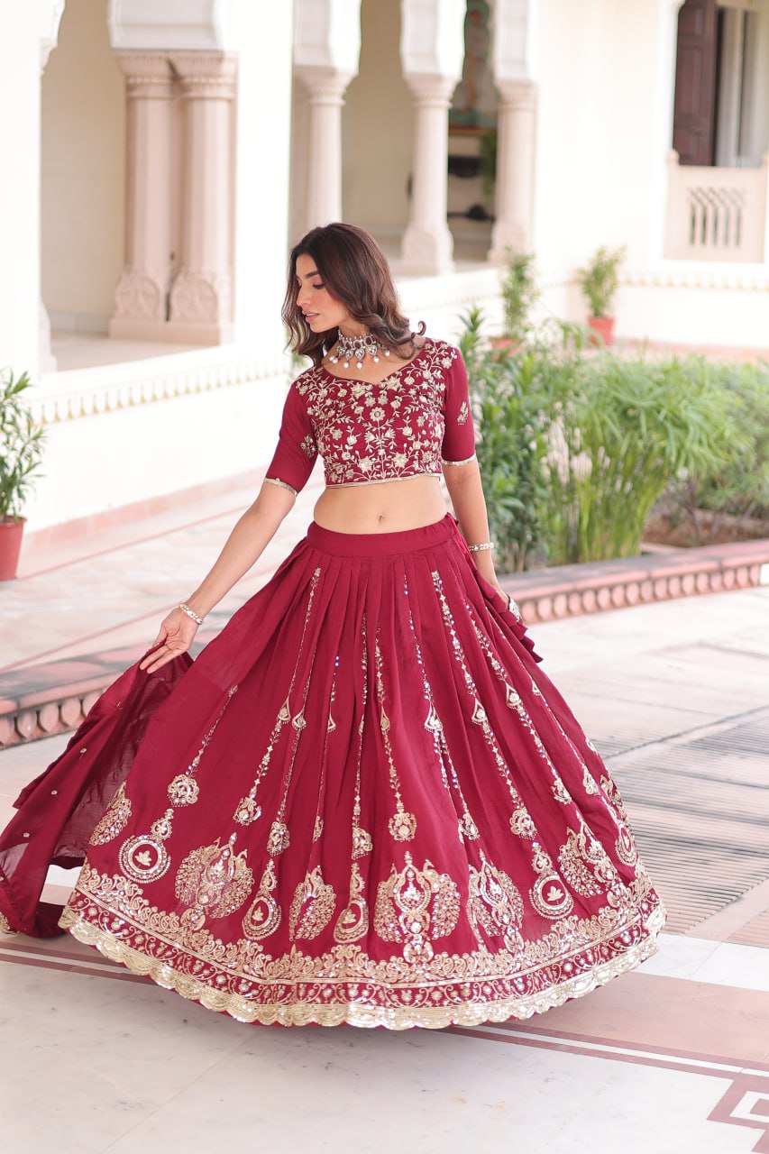 Regal Maroon Vichitra Silk Embroidered Lehenga Choli Set