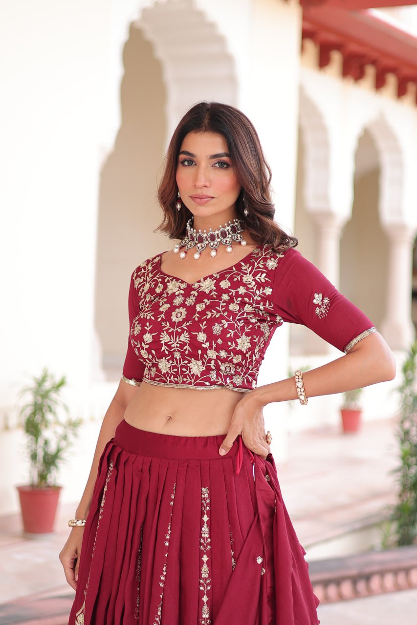 Regal Maroon Vichitra Silk Embroidered Lehenga Choli Set