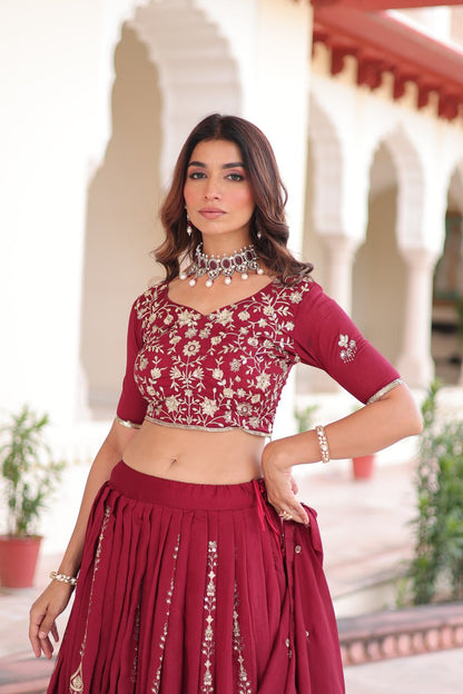 Regal Maroon Vichitra Silk Embroidered Lehenga Choli Set