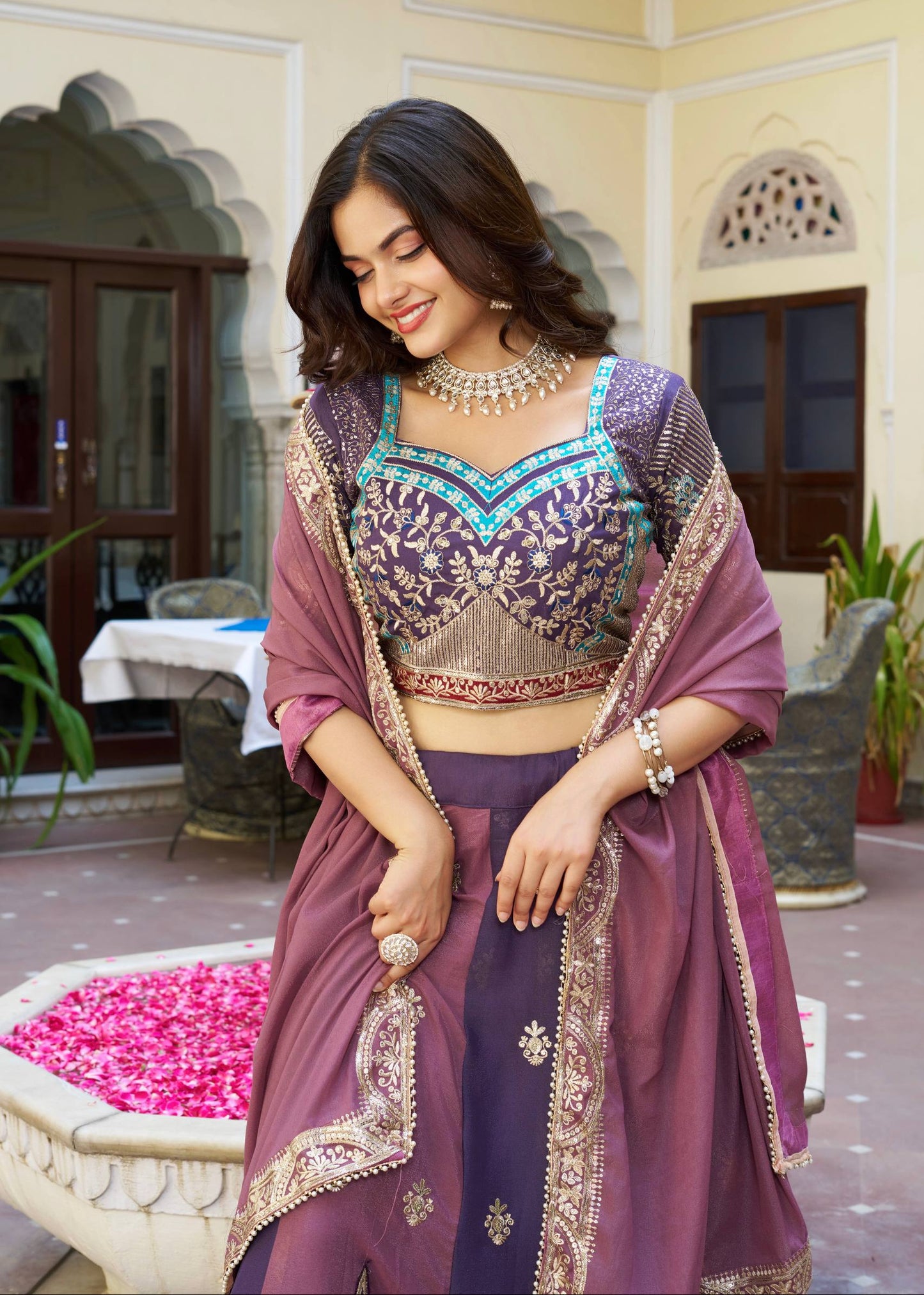 Regal Mauve Majesty Embroidered Georgette Lehenga Choli Set