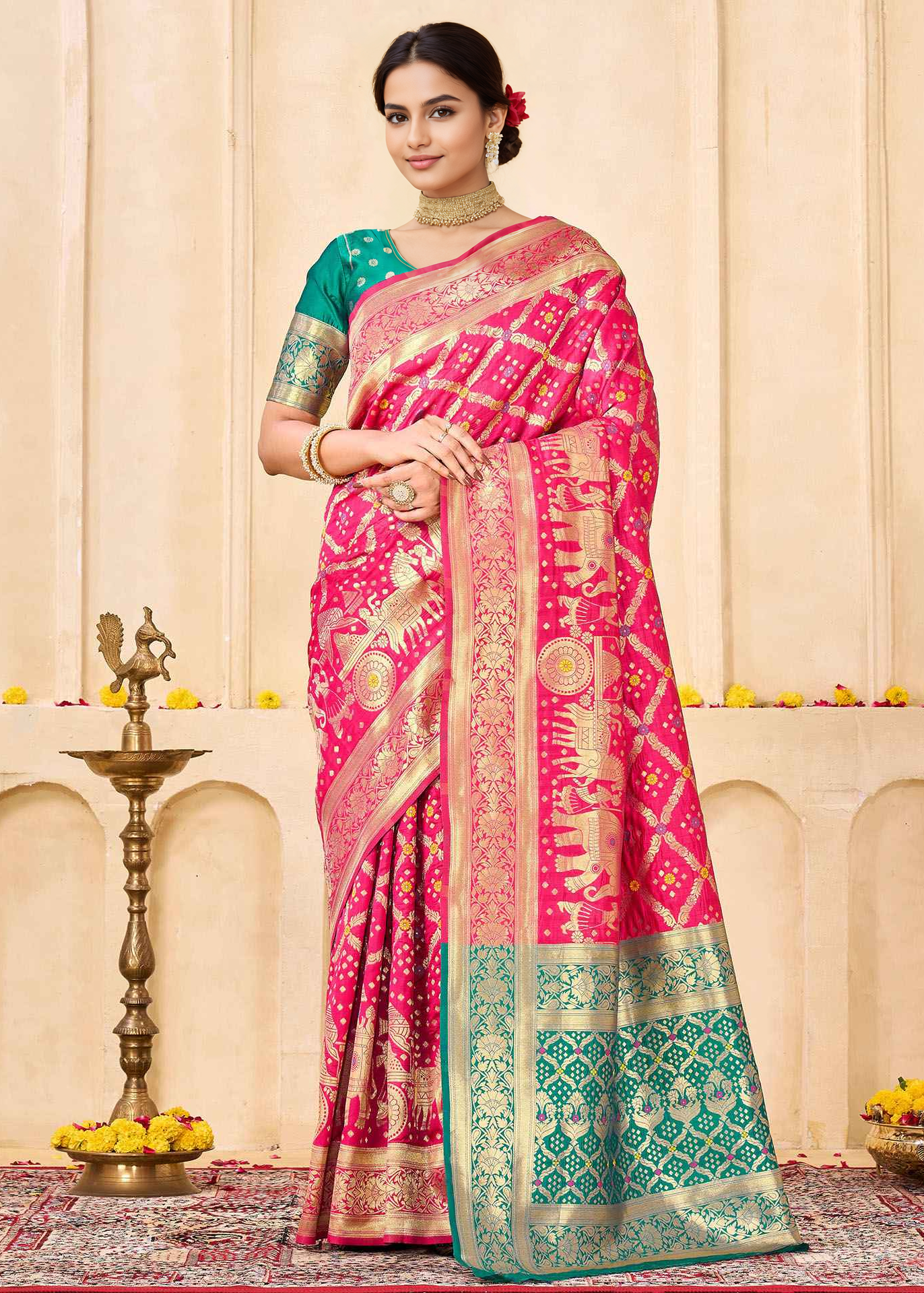 Regal Raniwara Pink and Teal Banarasi Silk Saree