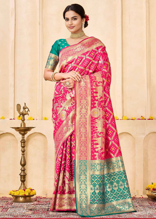 Regal Raniwara Pink and Teal Banarasi Silk Saree