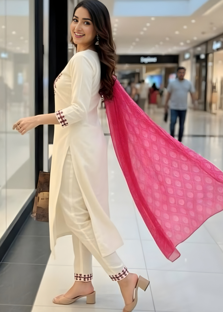 Ivory Floral Embroidered Kurta Set