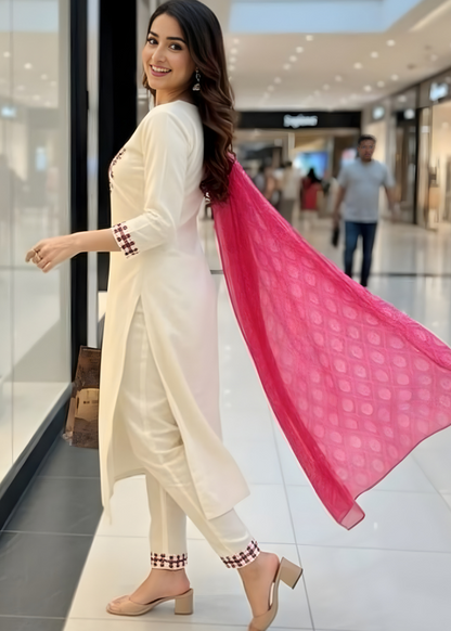 Ivory Floral Embroidered Kurta Set