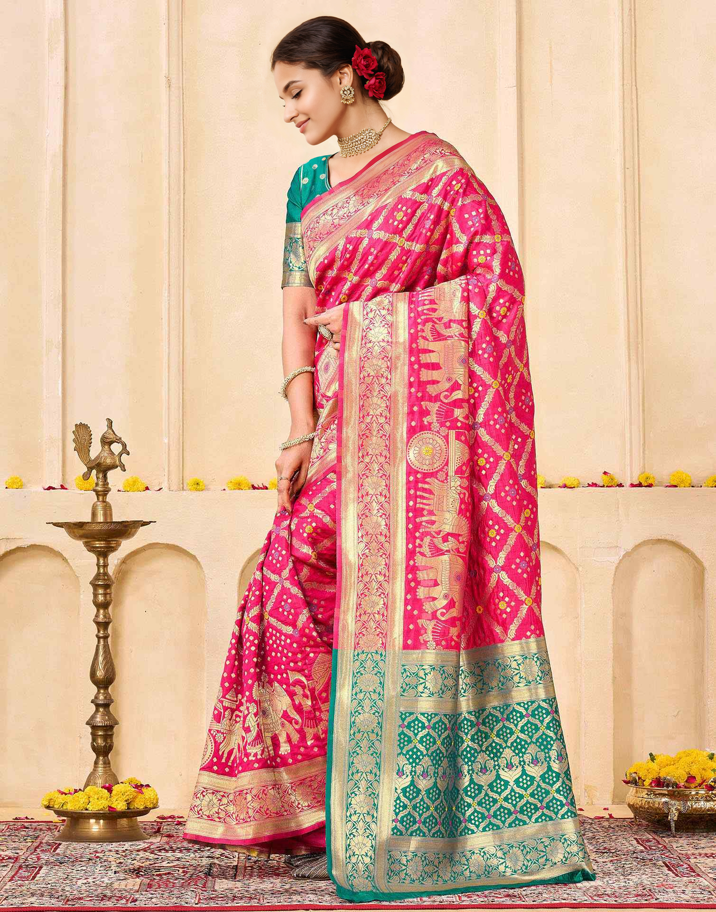Regal Raniwara Pink and Teal Banarasi Silk Saree