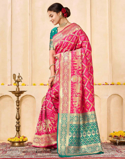 Regal Raniwara Pink and Teal Banarasi Silk Saree